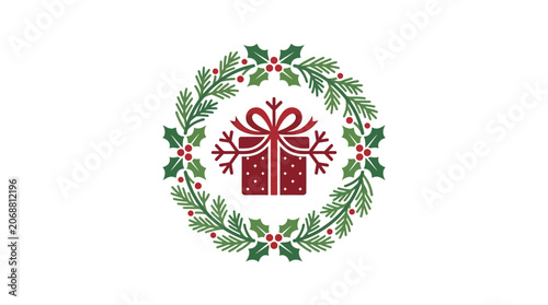 Minimalist flat design Christmas holiday wreath icon encircling a festive gift box with ribbon for seasonal celebration and winter decor