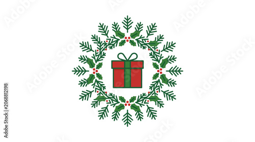 Minimalist Flat Design Christmas Holiday Season Icon Featuring Evergreen Wreath Shaped as Elegant Snowflake with Festive Red Berries and Pine Needles in Clean White Space Perfect for Winter