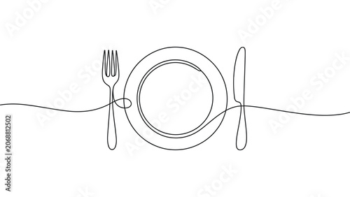 Continuous one line drawing of dining table setting with plate, fork and knife, minimalist outline illustration of restaurant, food service and dining concept 
