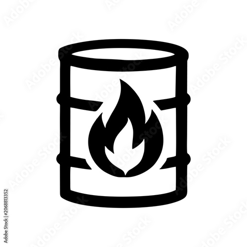 Oil Drum with Fire Flame Black Silhouette Icon Fuel Barrel and Flammable Liquid Symbol Metal Canister Hazard Infographic Sign Arson Trigger Safety Caution Vector Graphic Isolated on White Background