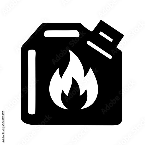 Jerrycan with Fire Flame Black Silhouette Icon Fuel Canister and Flammable Liquid Symbol Gas Can Hazard Infographic Sign Arson Trigger Safety Caution Vector Graphic Isolated on White Background