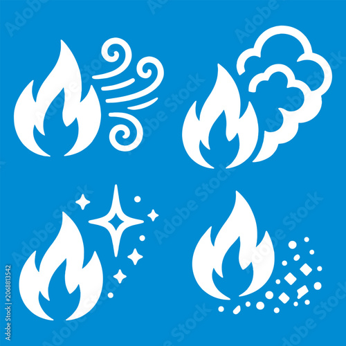 Fire and Weather Icon Set White Glyph Silhouette Symbols Wildfire Flame Smoke Wind Sparks Ash Disaster Infographic Signs Nature Hazard Vector Graphic Collection Isolated on Blue Background