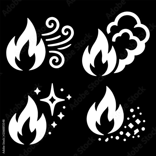 Fire and Weather Icon Set White Glyph Silhouette Symbols Wildfire Flame Smoke Wind Sparks Ash Disaster Infographic Signs Nature Hazard Vector Graphic Collection Isolated on Black Background