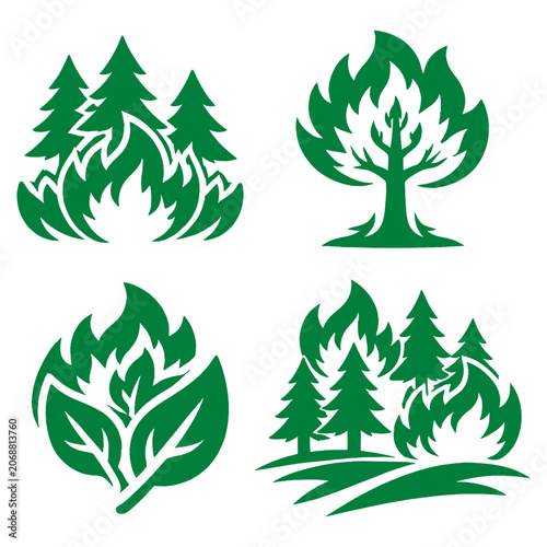 Forest Fire Icon Set Green Glyph Silhouette Symbols Wildfire Burning Trees Leaves Disaster Flame Infographic Signs Nature Hazard Vector Graphic Collection Isolated on White Background