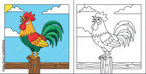 Obraz na plátně Colorful Cartoon Rooster Crowing on a Wooden Fence Post at Sunrise - Happy Farm