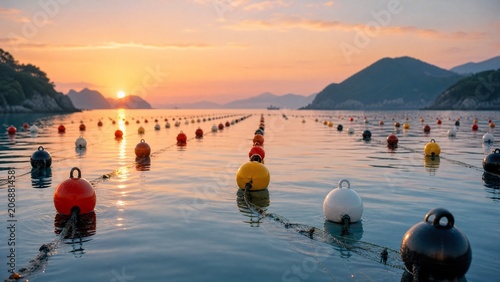 Colorful buoys arranged in rows on calm bay water at sunrise, connected to aquaculture nets.