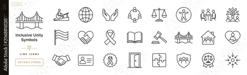 Inclusive Unity Symbols. Line icon set of Inclusivity and Diversity: wheelchair ramp, globe, open hands, community circle, equality scale, accessibility sign, multicultural flag, heart hands, support