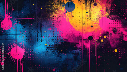 Abstract dark background with vibrant neon pink and yellow paint splatters, digital glitch grid overlay