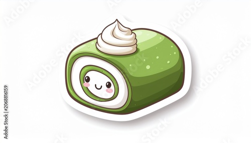 A cartoon sushi roll with whipped cream on top sits smiling