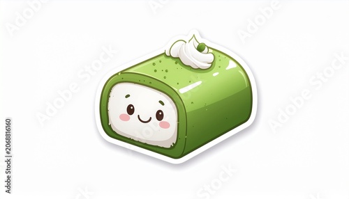 A smiling matcha roll cake sticker features a cartoon face on a white background