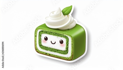 A cartoon matcha roll cake with a smiley face sits on a surface