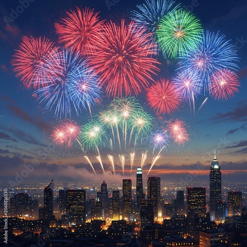 Spectacular fireworks illuminate city skyline at night celebrating a special event.