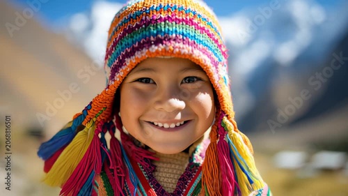 Smiling Peru child in colorful knit hat enjoys mountain landscape in bright sunshine
