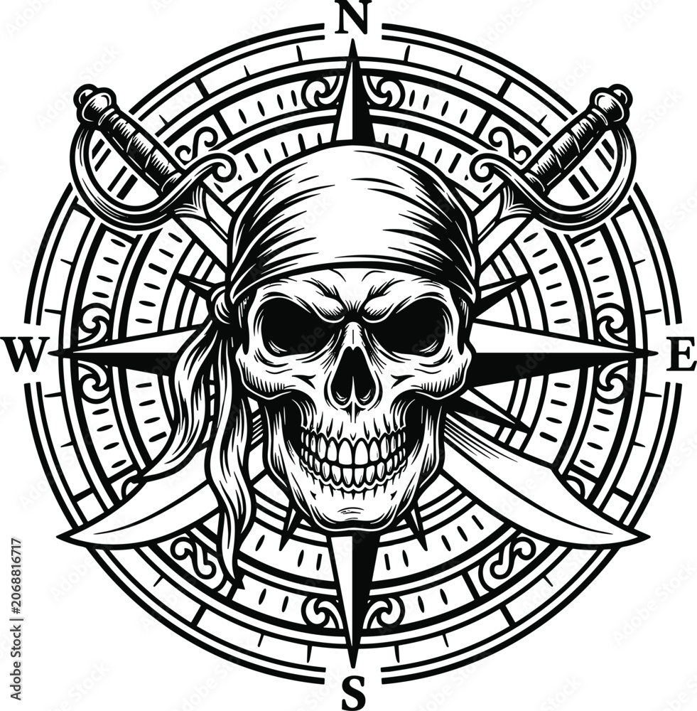 Fototapeta premium Pirate Skull Compass Rose Nautical Emblem Vector Illustration