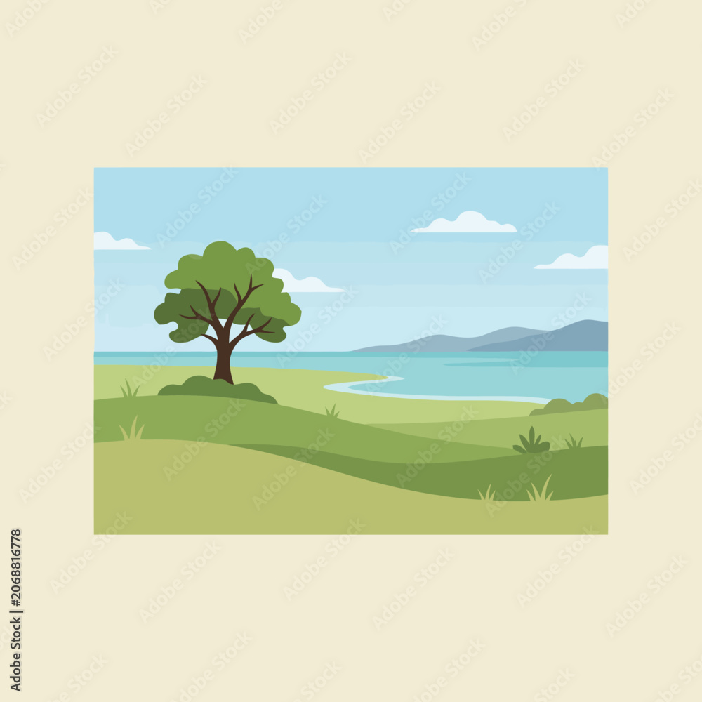 Fototapeta premium A peaceful green landscape with a tree by the lake