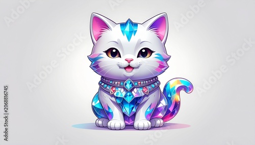 A cute crystal cat with holographic details sits outdoors in a colorful sticker design featuring a lucky cat with premium ultra-realistic details.