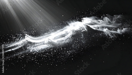 Abstract flowing particles and light beams in dark space, cosmic stardust wave, ethereal glowing nebula texture, motion blur energy flow, mystical fantasy background