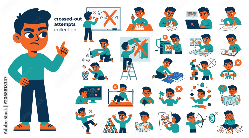 Fototapeta premium Frustrated boy character set with crossed-out attempts. Student failing and making mistakes vector collection. Child learning from errors in school.