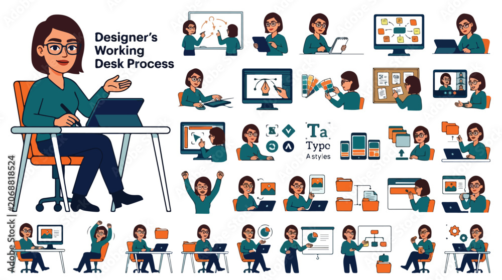 Fototapeta premium Designer's working desk process character set, female graphic artist vector illustrations, creative professional office workflow icons