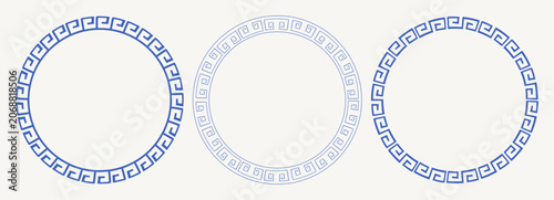 Greek key circle frames and borders set. Doodle hand drawn vintage crayon ornament. Repeated geometric motif. Decorative ancient meander. Elegant isolated blue borders. 
