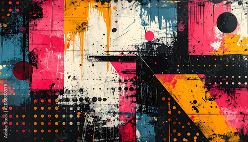 Abstract geometric grunge background with paint splatter, vibrant colorful street art style, retro urban texture