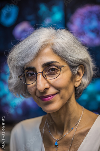 Retrato de mujer con gafas y pelo canoso