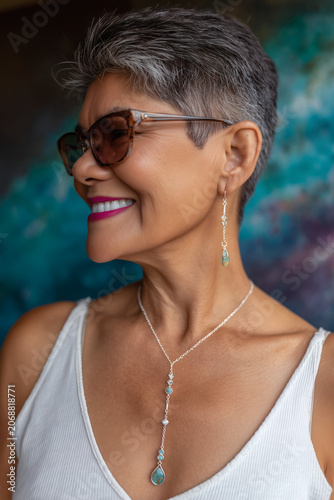 Retrato de mujer con gafas y pelo canoso