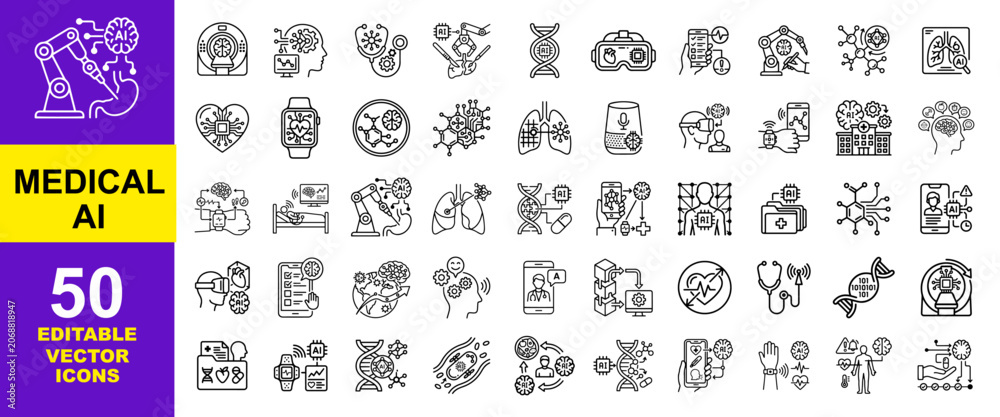 Obraz premium Medical AI Icons Set: 50 Editable Vector Icons of Artificial Intelligence Healthcare, Robotic Surgery, DNA Technology, Digital Diagnostics, Smart Health & Thin Line Web Symbols