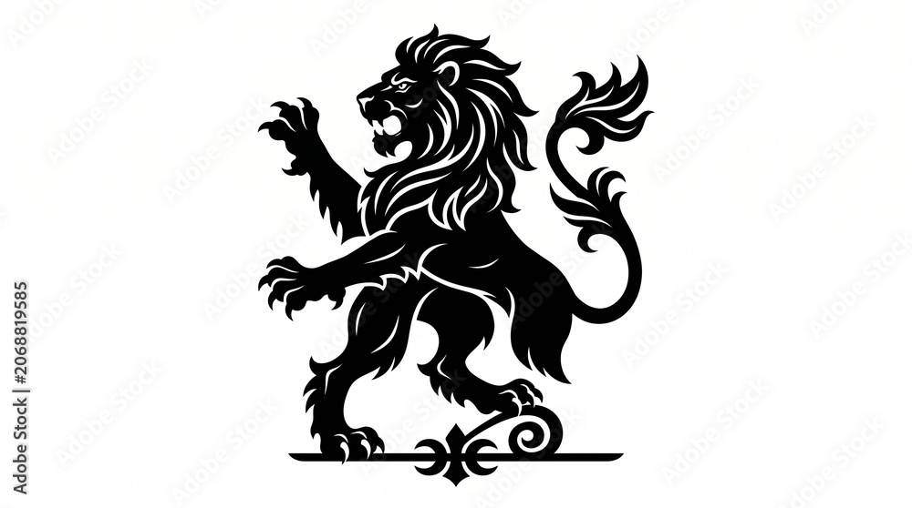 Fototapeta premium Heraldic lion rampant silhouette, majestic black lion crest on white background, vintage royal lion emblem for luxury branding and coat of arms