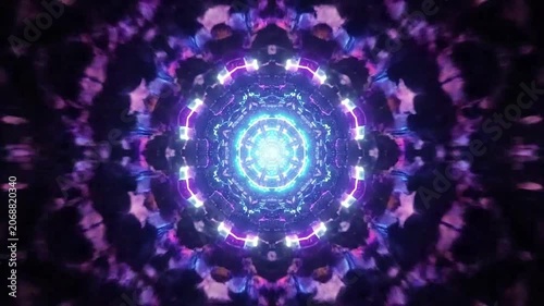 Futuristic neon kaleidoscope tunnel with glowing purple and blue lights