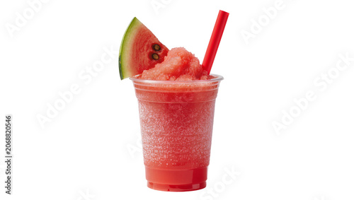 Fotografía Refreshing watermelon slushy in a clear plastic cup with a slice of fruit and re