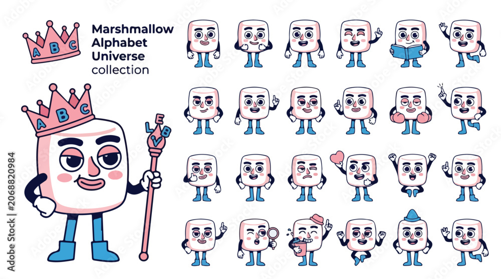 Fototapeta premium Marshmallow Alphabet Universe collection, cute cartoon food character set with various emotions and poses, pink and blue mascot vector illustration