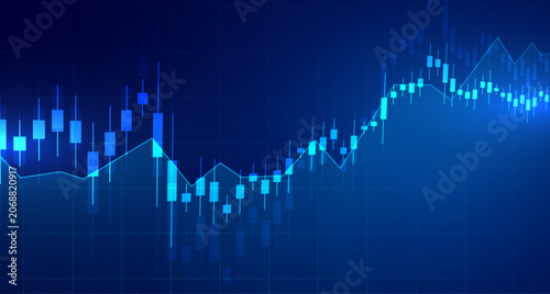Fotografie Stock market financial chart with blue candlesticks on grid background visualization
