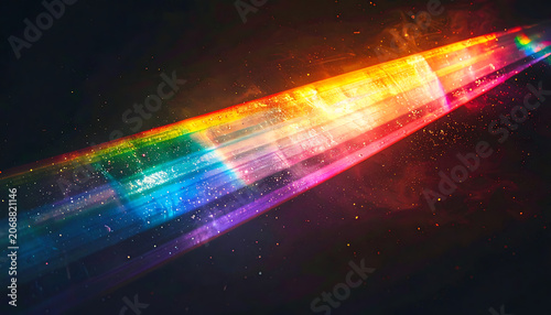 Abstract light streak with vibrant spectral colors, prismatic rainbow prism effect in dark space with glowing particles