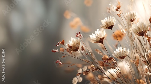 Soft focus dried flowers with delicate petals and wispy stems against a muted background with warm