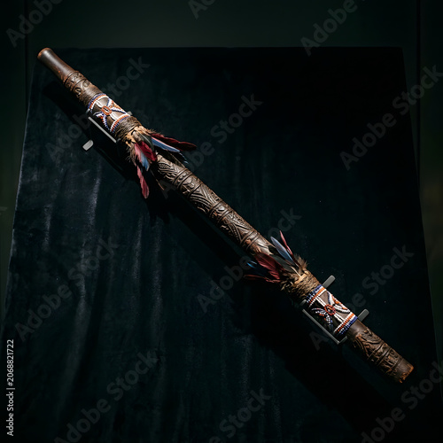 Ceremonial blowpipe displayed on dark velvet museum background