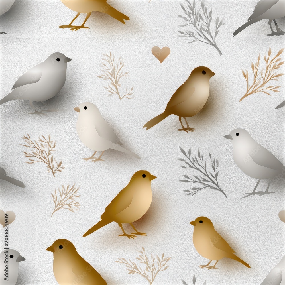 Fototapeta premium Small birds and delicate foliage pattern on a light background, peaceful nature theme, elegant decorative design, spring inspiration. SEAMLESS PATTERN