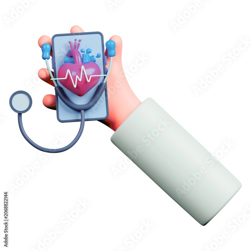Obraz na plátně Medical telecare smartphone application with heart monitor stethoscope and human hand in white coat