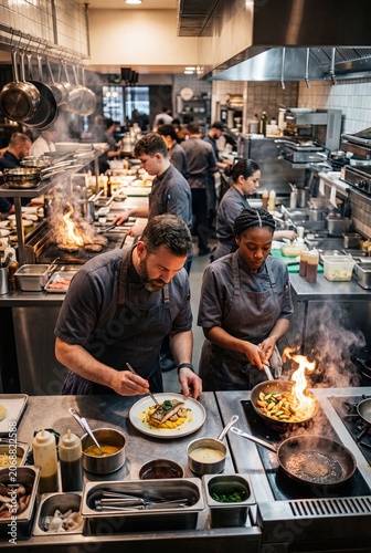 Professional Chef Team Working During Busy Restaurant Service