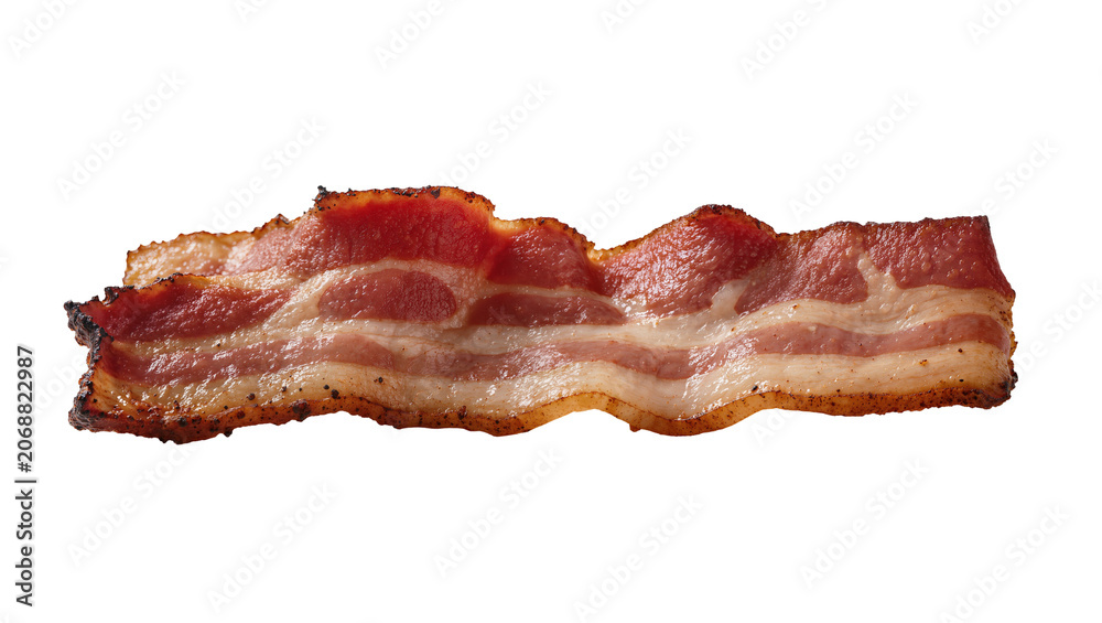 Obraz premium Crispy cooked bacon strip with red meat and white fat layers, isolated on transparent background