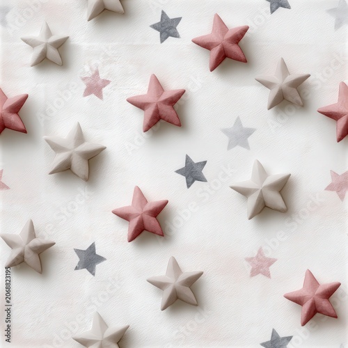 Pink and white star pattern on a soft background, playful nursery theme, festive decoration, cheerful child friendly design. SEAMLESS PATTERN