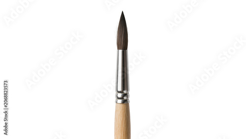 Photos Round tip artist paintbrush with silver ferrule and wooden handle, isolated on t