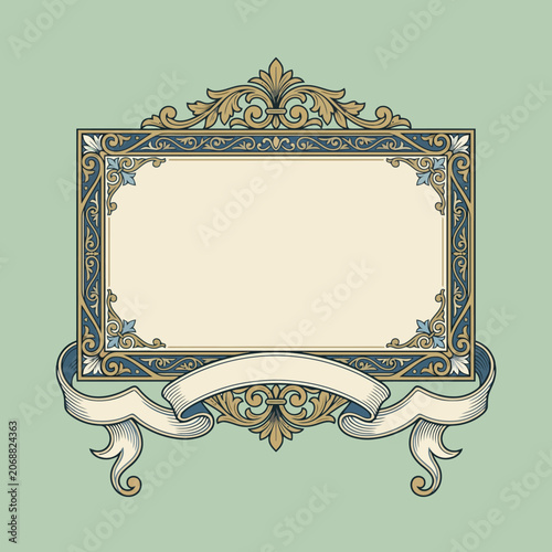 An ornate vintage frame with a decorative scroll banner design