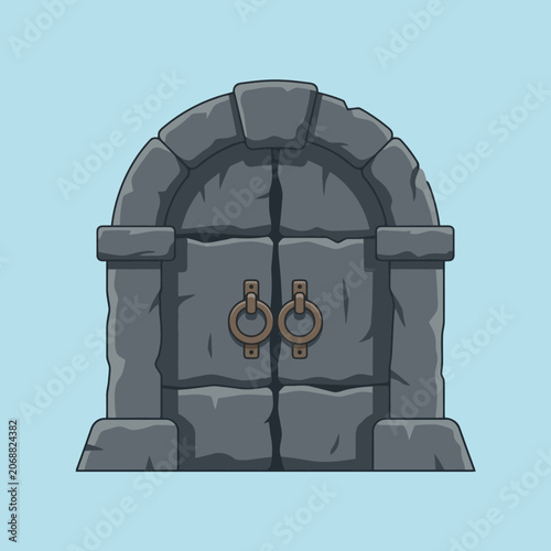 An ancient stone archway door with metal rings on light blue