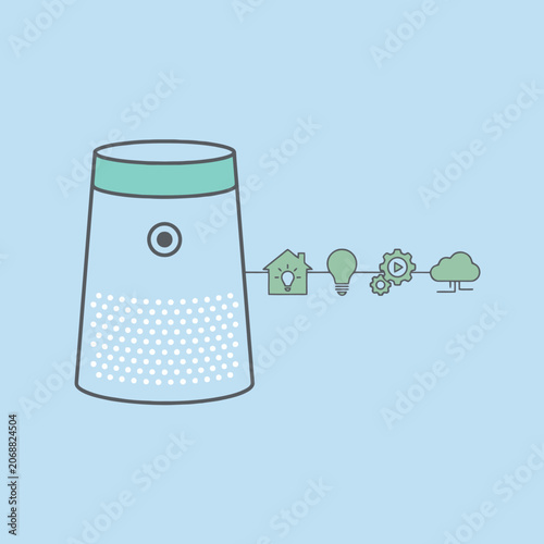 A smart home speaker connected to digital network icons on blue