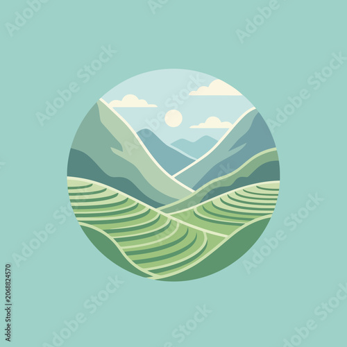 A flat illustration of green rice terraces in a circle