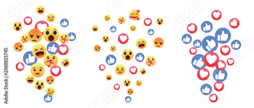 Mixed Social Media Reactions. Floating like, love, wow, sad, angry and care emoji icons vector background for engagement, feedback and live stream UI