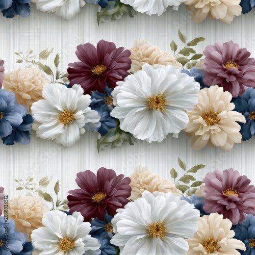 Elegant cream flowers arranged in a decorative vase, sophisticated botanical decor, modern interior styling, floral beauty. SEAMLESS PATTERN