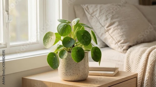 Minimalist indoor plant in a stylish ceramic pot beside a sunlit window, creating a calm, cozy atmosphere with natural home decor aesthetics.