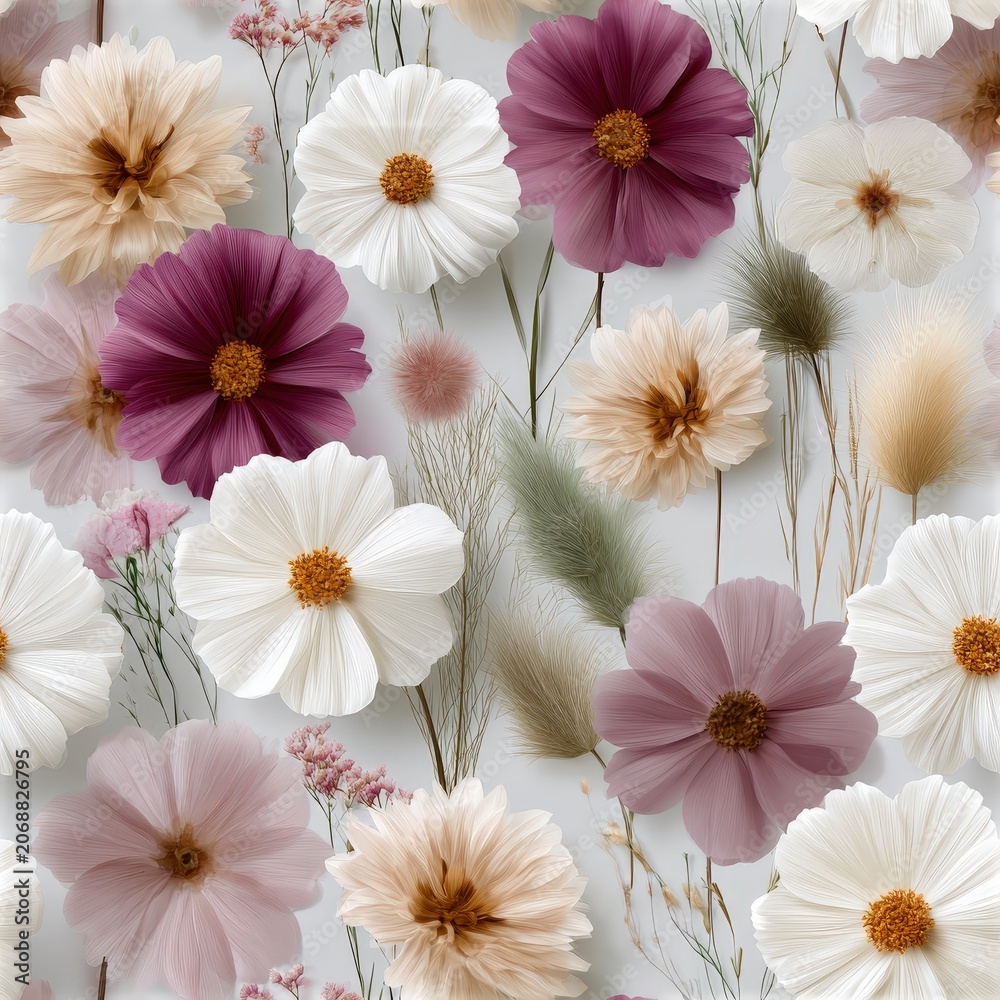 Obraz premium Large pastel flowers arranged on a soft background, romantic garden elegance, botanical beauty, decorative floral design. SEAMLESS PATTERN